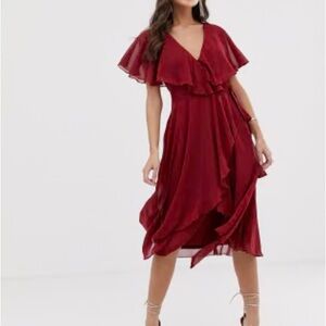 ASOS Burgundy Ruffle Midi Dress